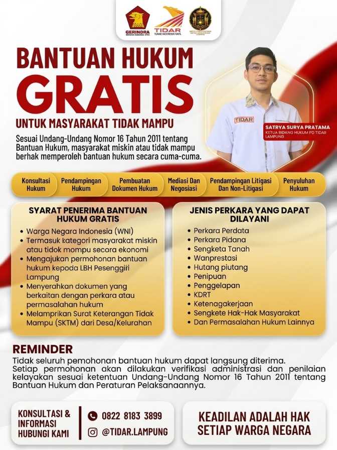 Dari sengketa tanah hingga KDRT, TIDAR Lampung buka pendampingan hukum gratis